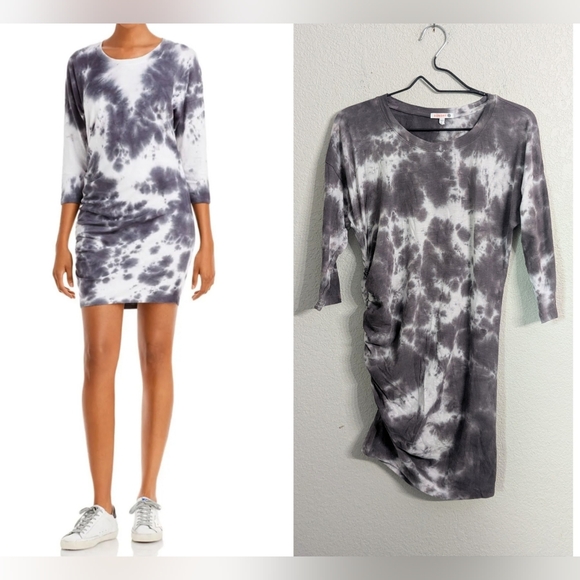 Sundry Woman Side Shirred Ruched Mini Dress Gray Tie Dye 3/4 Sleeve Slim Fit 0 - Picture 1 of 10